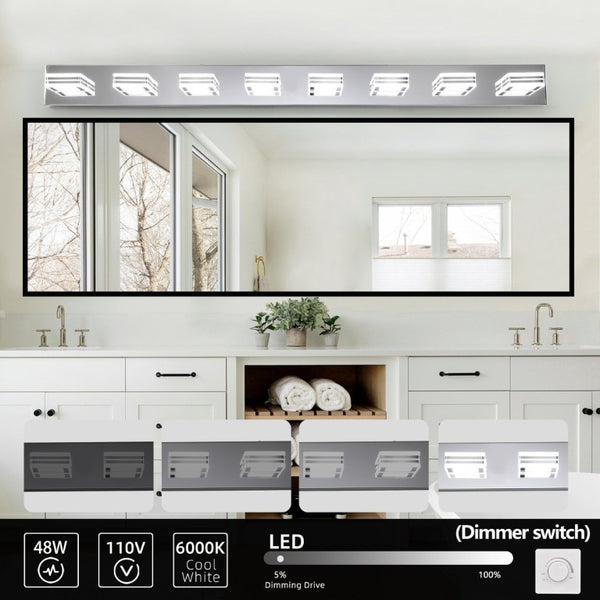 English Elm 52 Inch Chrome Eight Head LED Vanity Light with Square Acrylic Shades for Bathroom Mirror W1340P206809