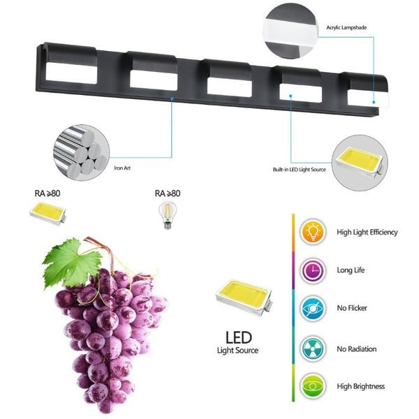 English Elm Modern Matte Black Five Light LED Vanity Bar Daylight Glow for Bathroom Mirror W1340P206819