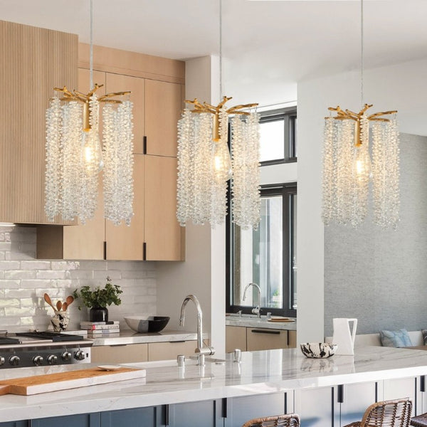 English Elm Luxury Crystal Waterfall Pendant Set of Three Gold Iron Frame Kitchen Island Lights W1340P208482