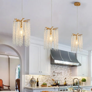 English Elm Luxury Crystal Waterfall Pendant Set of Three Gold Iron Frame Kitchen Island Lights W1340P208482