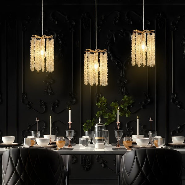 English Elm Luxury Crystal Waterfall Pendant Set of Three Gold Iron Frame Kitchen Island Lights W1340P208482