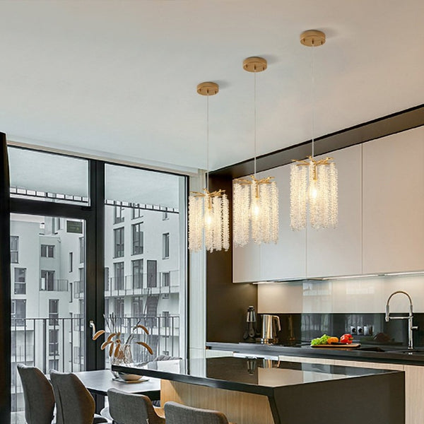 English Elm Luxury Crystal Waterfall Pendant Set of Three Gold Iron Frame Kitchen Island Lights W1340P208482