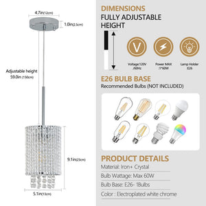 English Elm 5" Crystal Bead Chrome Pendant Set of Three for Kitchen Island or Dining Room W1340P208485