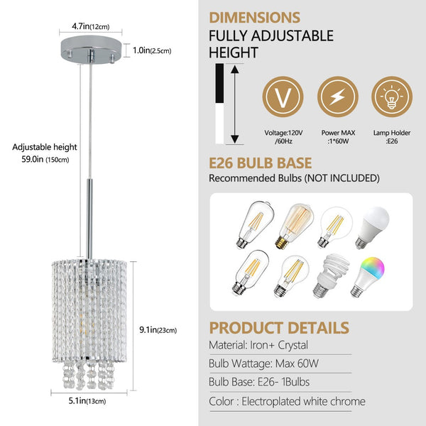 English Elm 5" Crystal Bead Chrome Pendant Set of Three for Kitchen Island or Dining Room W1340P208485