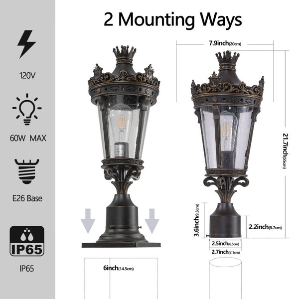 English Elm 22(H 22\(H Vintage Crown Outdoor Post Lantern Cast Aluminum Clear Glass Porch Garden Light W1340P209952