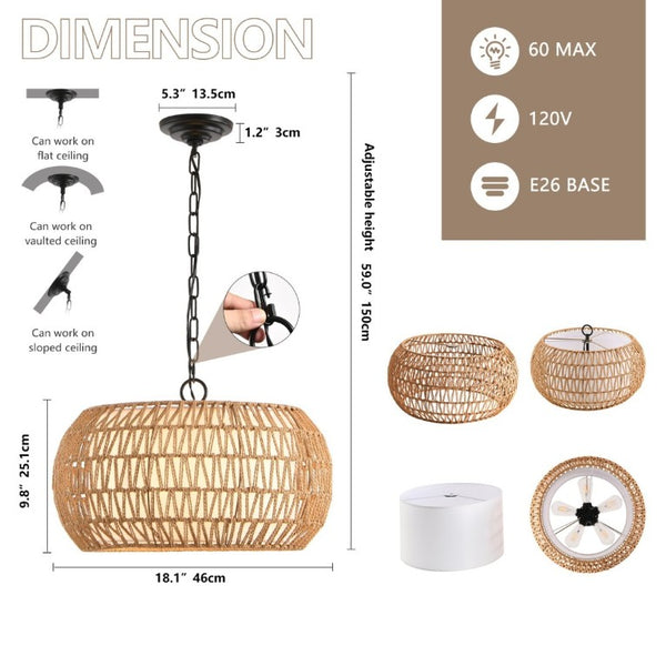 English Elm 18 Inch Hand Woven Jute Rope Pendant Light Bohemian Farmhouse Dining Room Ceiling Fixture W1340P241301