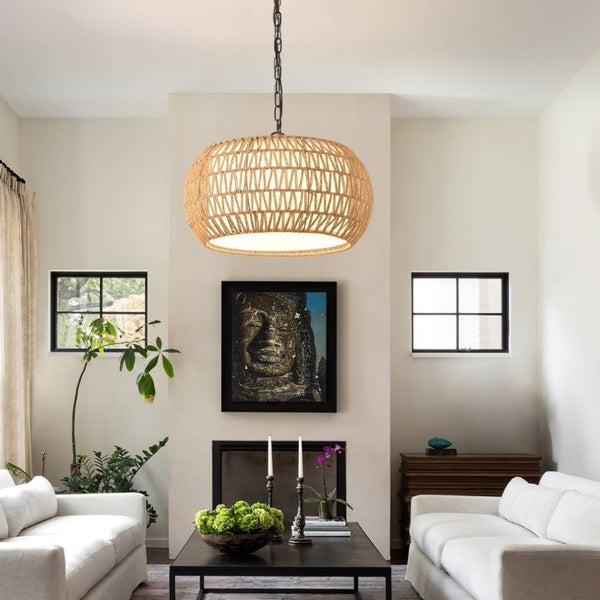 English Elm 18 Inch Hand Woven Jute Rope Pendant Light Bohemian Farmhouse Dining Room Ceiling Fixture W1340P241301