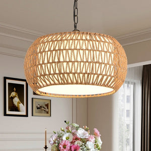 English Elm 18 Inch Hand Woven Jute Rope Pendant Light Bohemian Farmhouse Dining Room Ceiling Fixture W1340P241301
