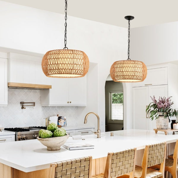 English Elm 18 Inch Hand Woven Jute Rope Pendant Light Bohemian Farmhouse Dining Room Ceiling Fixture W1340P241301