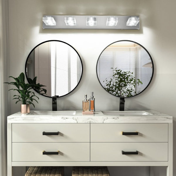 English Elm 31 Inch Chrome Five Light LED Vanity Fixture with Square Acrylic Shades for Bathroom Mirrors W1340P248807