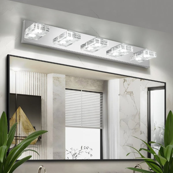 English Elm 31 Inch Chrome Five Light LED Vanity Fixture with Square Acrylic Shades for Bathroom Mirrors W1340P248807