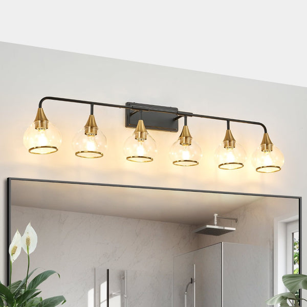 English Elm 48" Six-light Vanity Bar Matte Black Iron Frame Brass Holders Clear Glass Bath Sconce W1340P266140