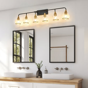 English Elm 48" Six-light Vanity Bar Matte Black Iron Frame Brass Holders Clear Glass Bath Sconce W1340P266140