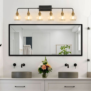 English Elm 48" Six-light Vanity Bar Matte Black Iron Frame Brass Holders Clear Glass Bath Sconce W1340P266140
