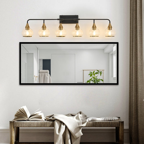 English Elm 48" Six-light Vanity Bar Matte Black Iron Frame Brass Holders Clear Glass Bath Sconce W1340P266140