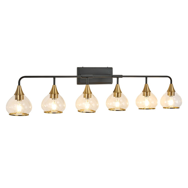English Elm 48" Six-light Vanity Bar Matte Black Iron Frame Brass Holders Clear Glass Bath Sconce W1340P266140