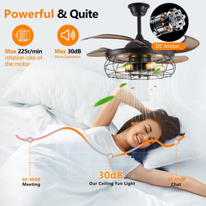 English Elm 48" Matte Black Industrial Cage Ceiling Fan with Dc Motor and Remote for Loft Spaces W1340P272387