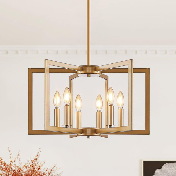 English Elm 22" Golden Iron Geometric Chandelier Six Light Open Frame Pendant for Dining Spaces W1340P279979