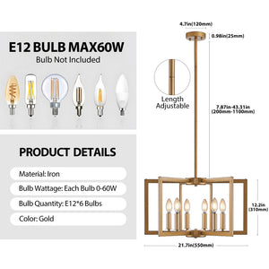 English Elm 22" Golden Iron Geometric Chandelier Six Light Open Frame Pendant for Dining Spaces W1340P279979
