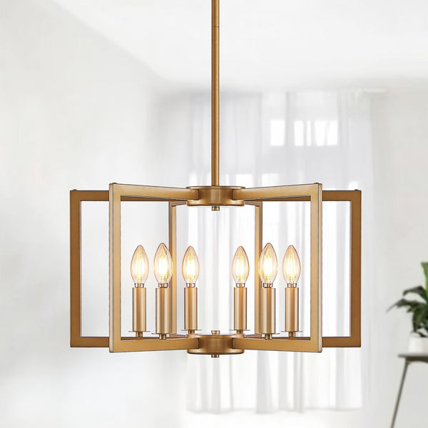 English Elm 22" Golden Iron Geometric Chandelier Six Light Open Frame Pendant for Dining Spaces W1340P279979