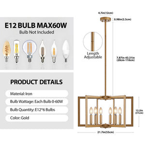 English Elm 22" Golden Iron Geometric Chandelier Six Light Open Frame Pendant for Dining Spaces W1340P279979