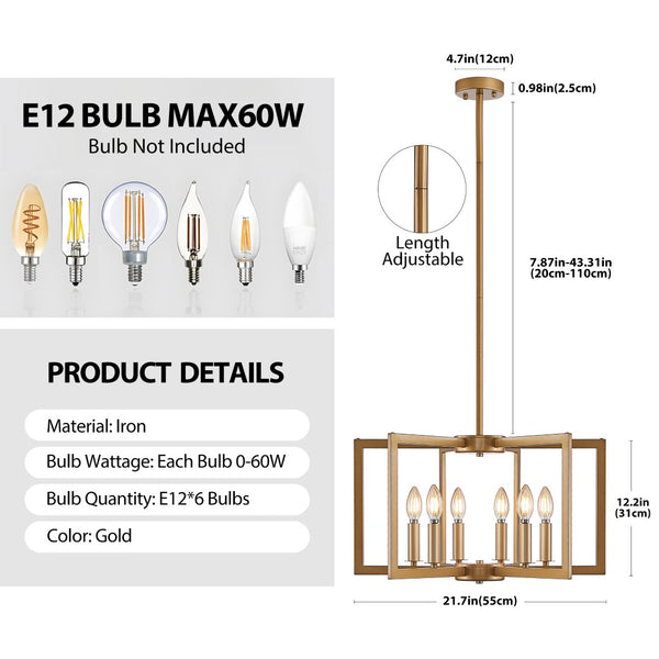 English Elm 22" Golden Iron Geometric Chandelier Six Light Open Frame Pendant for Dining Spaces W1340P279979