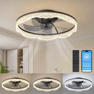 English Elm 20 Inch Flush Mount Ceiling Fan with Hidden Blades Dimmable LED Acrylic Ring Matte Black W1340P297178