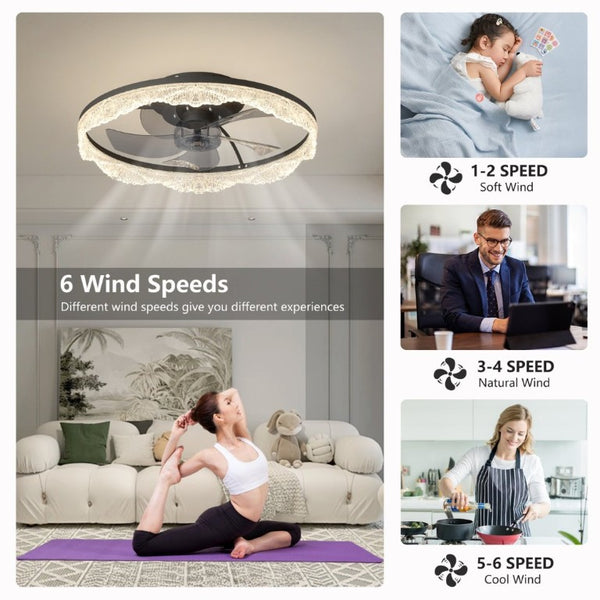 English Elm 20 Inch Flush Mount Ceiling Fan with Hidden Blades Dimmable LED Acrylic Ring Matte Black W1340P297178