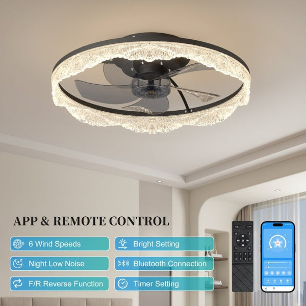 English Elm 20 Inch Flush Mount Ceiling Fan with Hidden Blades Dimmable LED Acrylic Ring Matte Black W1340P297178