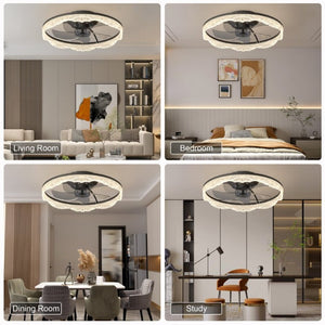 English Elm 20 Inch Flush Mount Ceiling Fan with Hidden Blades Dimmable LED Acrylic Ring Matte Black W1340P297178