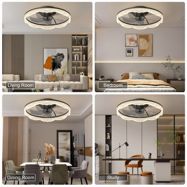 English Elm 20 Inch Flush Mount Ceiling Fan with Hidden Blades Dimmable LED Acrylic Ring Matte Black W1340P297178