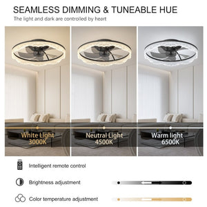 English Elm 20 Inch Flush Mount Ceiling Fan with Hidden Blades Dimmable LED Acrylic Ring Matte Black W1340P297178