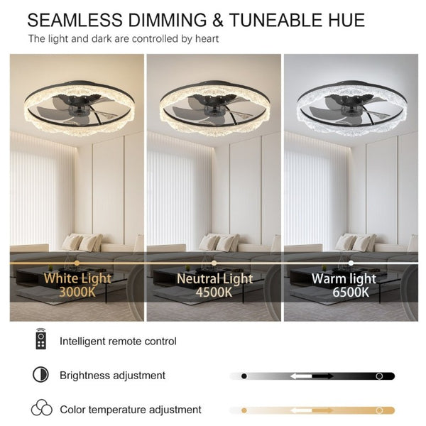 English Elm 20 Inch Flush Mount Ceiling Fan with Hidden Blades Dimmable LED Acrylic Ring Matte Black W1340P297178