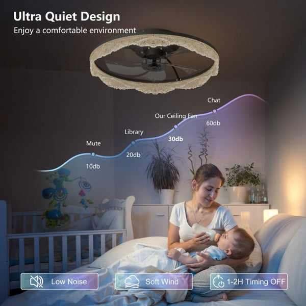 English Elm 20 Inch Flush Mount Ceiling Fan with Hidden Blades Dimmable LED Acrylic Ring Matte Black W1340P297178