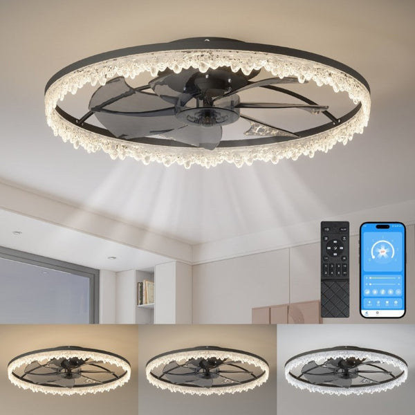 English Elm 24 Inch Flush Mount LED Ceiling Fan Frosted Acrylic Ring Hidden Blades Dimmable Remote W1340P297179