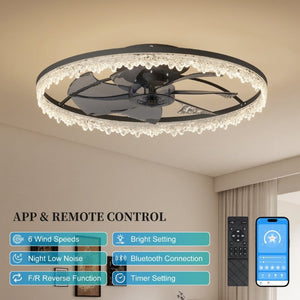 English Elm 24 Inch Flush Mount LED Ceiling Fan Frosted Acrylic Ring Hidden Blades Dimmable Remote W1340P297179