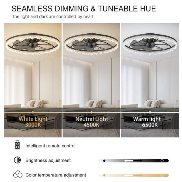 English Elm 24 Inch Flush Mount LED Ceiling Fan Frosted Acrylic Ring Hidden Blades Dimmable Remote W1340P297179