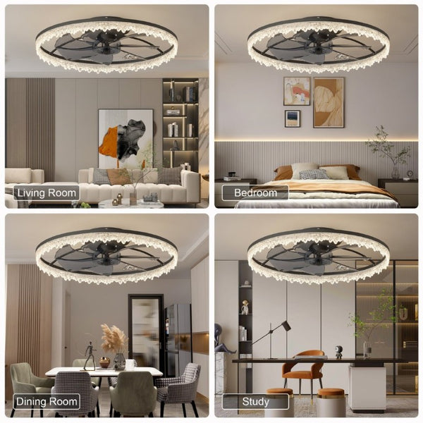 English Elm 24 Inch Flush Mount LED Ceiling Fan Frosted Acrylic Ring Hidden Blades Dimmable Remote W1340P297179