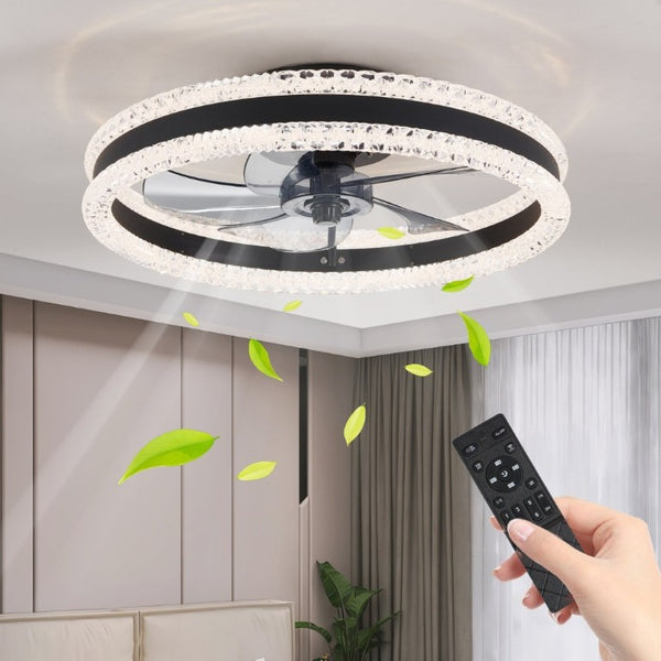 English Elm 20 Inch Flush Mount LED Ceiling Fan Dual Ring Acrylic Retractable Blades Dimmable Black W1340P297180