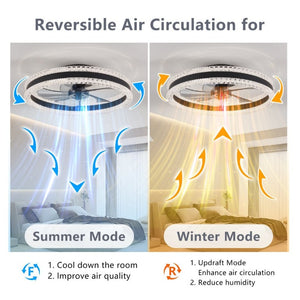 English Elm 20 Inch Flush Mount LED Ceiling Fan Dual Ring Acrylic Retractable Blades Dimmable Black W1340P297180
