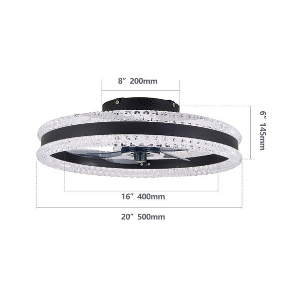 English Elm 20 Inch Flush Mount LED Ceiling Fan Dual Ring Acrylic Retractable Blades Dimmable Black W1340P297180