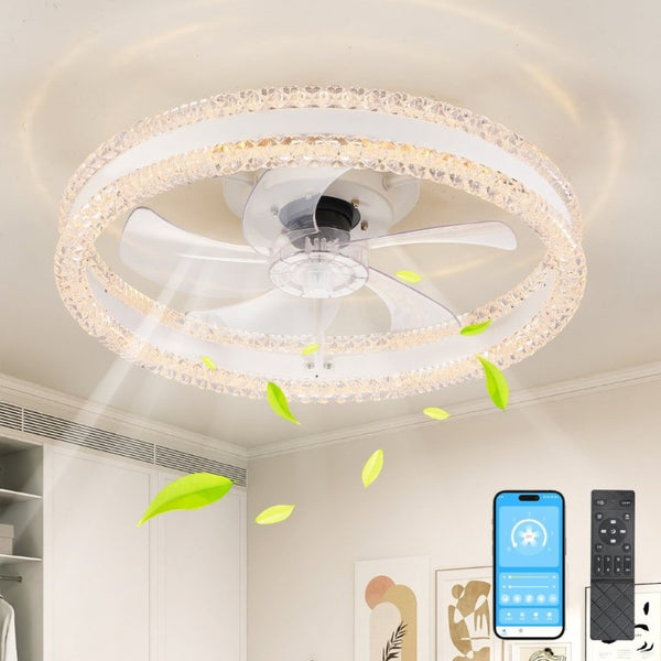 English Elm 20 Inch Flush Mount LED Ceiling Fan Dual Ring Acrylic Retractable Blades Dimmable White W1340P297181