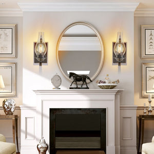English Elm Only Hardwired Iron Wall Sconces Pair with Clear Glass Antique Black Gold Farmhouse Finish W1340P303650