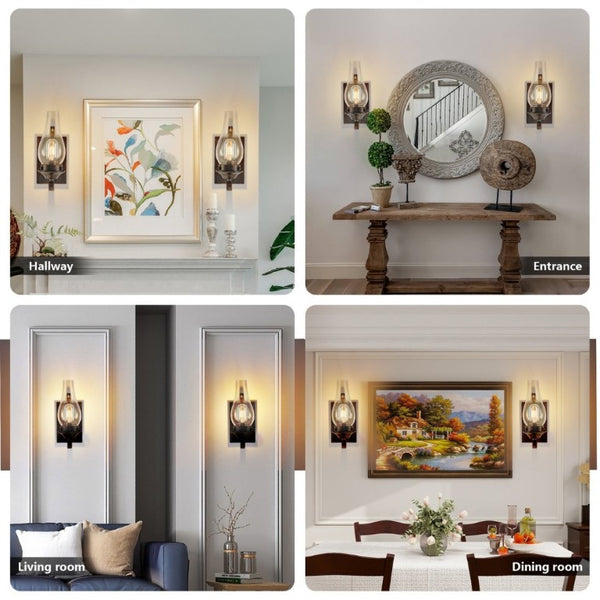 English Elm Only Hardwired Iron Wall Sconces Pair with Clear Glass Antique Black Gold Farmhouse Finish W1340P303650