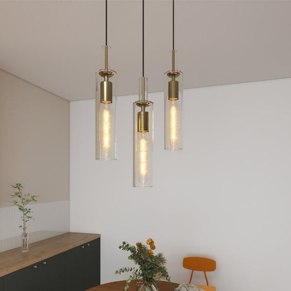 English Elm Gold Brushed Brass Pendant Set of Three Hand Blown Striped Glass Farmhouse Kitchen Lights W1340P309768