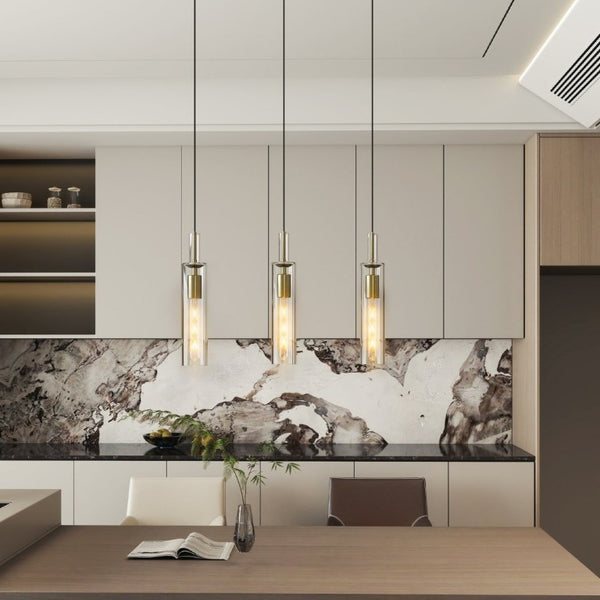 English Elm Gold Brushed Brass Pendant Set of Three Hand Blown Striped Glass Farmhouse Kitchen Lights W1340P309768