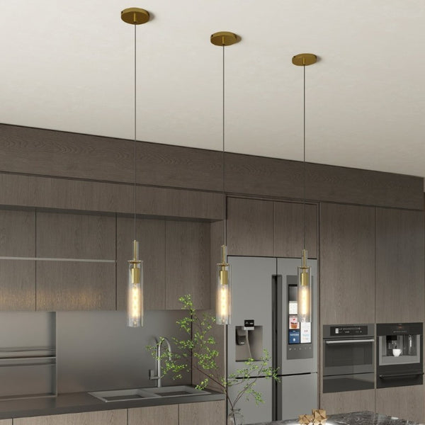 English Elm Gold Brushed Brass Pendant Set of Three Hand Blown Striped Glass Farmhouse Kitchen Lights W1340P309768