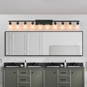 English Elm 10 Light Matte Vanity Bar Wide Wall Fixture with Clear Glass Shades for Modern Bathrooms Black W1340P310785