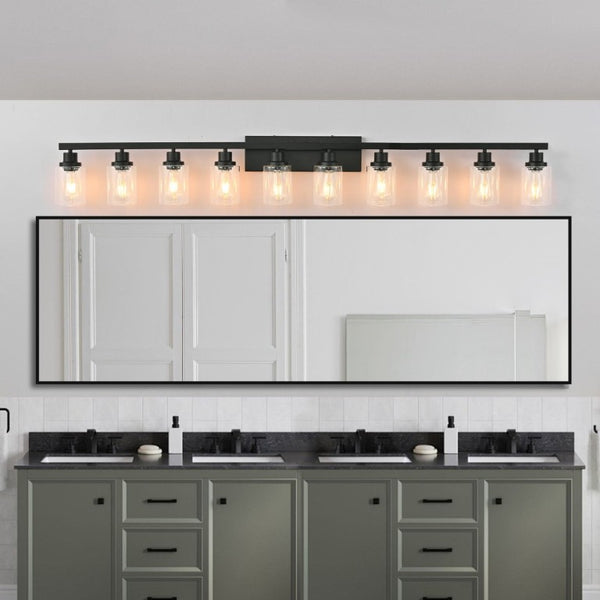 English Elm 10 Light Matte Vanity Bar Wide Wall Fixture with Clear Glass Shades for Modern Bathrooms Black W1340P310785
