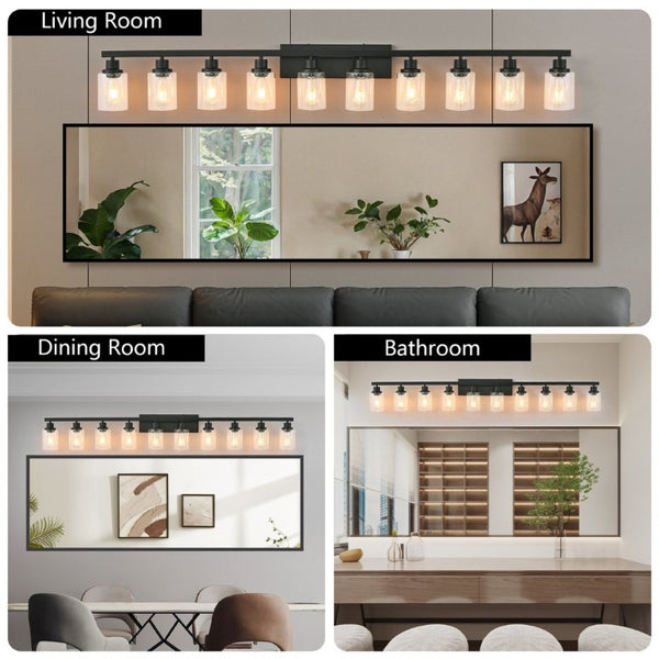 English Elm 10 Light Matte Vanity Bar Wide Wall Fixture with Clear Glass Shades for Modern Bathrooms Black W1340P310785